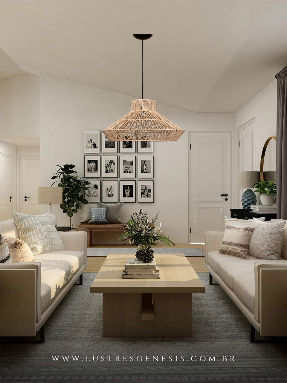 Lumin&aacute;ria Pendente Palha Malibu Bege Natural Modelo R&uacute;stico 30cm para Sala de Jantar Sala de Estar Quarto Living